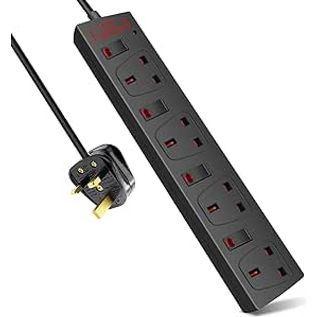 Extrastar - 4 Way Socket 13A, 2M, Black, with Indicate Light, Individual Switch, Child-Resistant Sockets