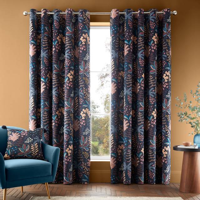 'Exotic Leaves' Soft Recycled Polyester Velour Eyelet Curtains - Black - 117cm width x 137cm drop