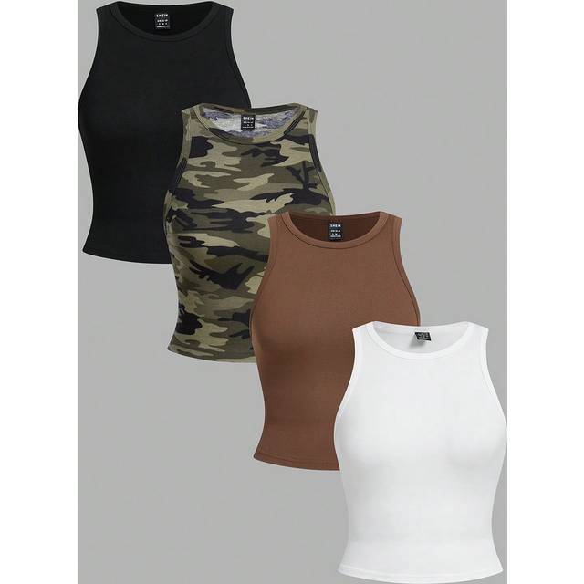 SHEIN 4pcs/Set Women Casual Camouflage & Solid Color Crew Neck Tank Tops, Summer