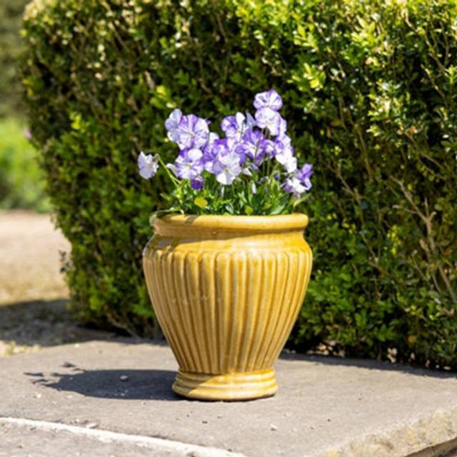 Rib Textured Glazed Terracotta Round Planter In Gloss Yellow 65cm - One Size