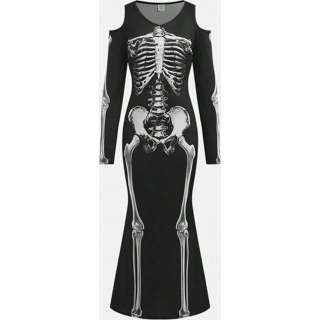 SHEIN Teenage Girls Black Round Neck Off Shoulder Long Sleeve Skeleton Print Fitted Maxi Halloween Dress