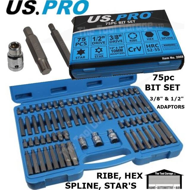Us pro tools 75pc hex, ribe, spline, star/torx socket set 1/2 3/8" adaptors 2068