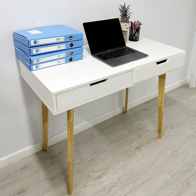 Ivory White Wooden Computer Desk With Storage Drawers - Modern Bedroom Workstation | Wowcher