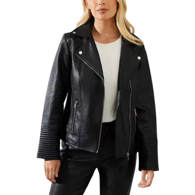 Womens Petite Black Faux Leather Biker Jacket - 8