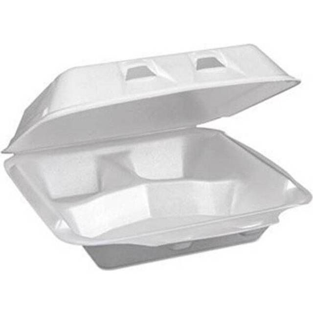 Pactiv PCTYHLW0703 3-Compartment Foam Hinged Lid Containers, White - Small - 150 Per Carton