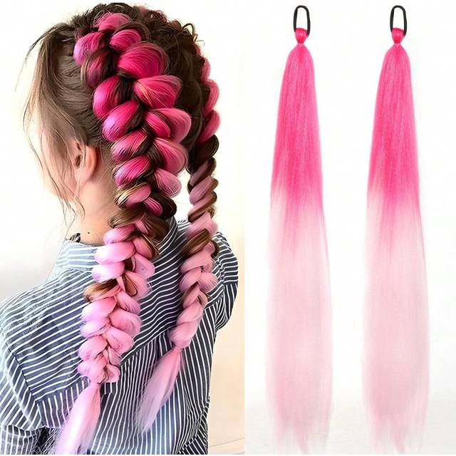 SHEIN 1pc 28 Inch (Approx. 70cm) Gradient Pink Woven Ponytail Extensions, Ombre Colorful Extensions For Braids Elastic Wrap & Natural Soft Woven (Fuchsia/Li