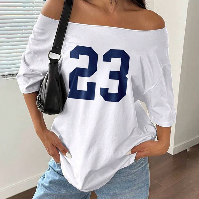 Flirla 1pc Loose Fit Asymmetrical Shoulder Oversized T-Shirt With Digital 23 Print Graphic Tees Women Tops