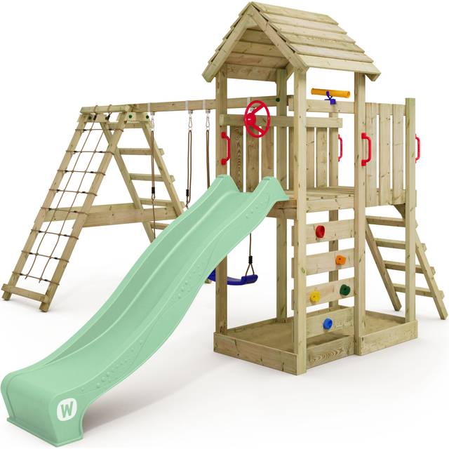 Wooden climbing frame RocketFlyer with swing set and slide, Garden playhouse with sandpit, climbing ladder & play-accessories - pastel green - Wickey
