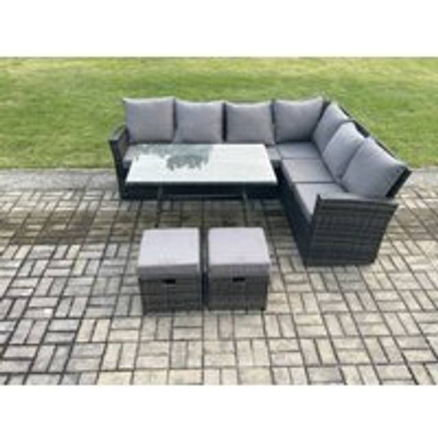 Fimous Outdoor Furniture Garden Dining Set Rattan Corner Sofa Set Rectangular Dining Table with Temper Glass 2 Small Footstools Dark Grey Mixed