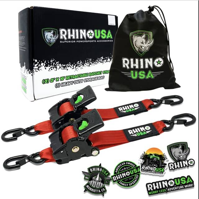 Rhino USA Retractable Ratchet Straps 2-Pack - 2 Inch x 10 Feet 3 033lb Break Strength - Heavy Duty Auto Self Retracting Tie Down Straps for Truck  Car