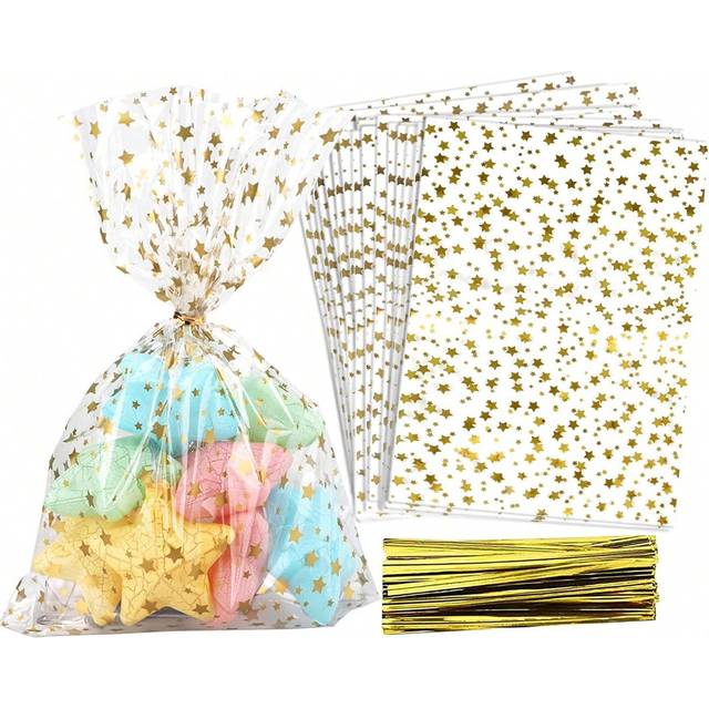 SHEIN 200pcs 5&#34;X 10.6&#34; (12.7cm X 27cm) Star Print Gift Wrap Bags, Clear Plastic Poly Gift Bags With Twist Ties, Suitable For Birthday, Wedding, Party Decora