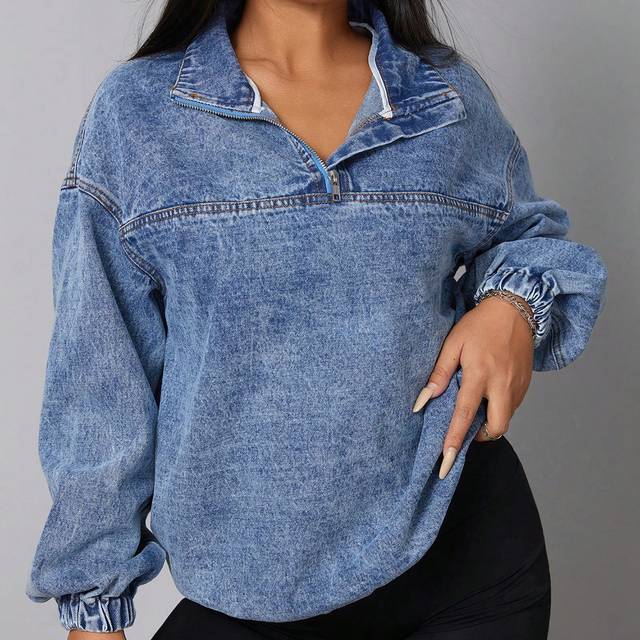SHEIN Women&#39;s Loose Casual Denim Jacket With Dropped Shoulders And Half Zipper, Spring And Autumn