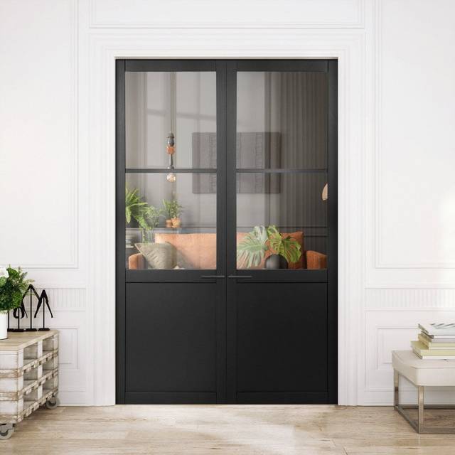 Liberty Doors Black Internal Fully Finished Industrial Studio 1 Panel 2 Light Clear Glass Pair Door (121347) - 1981x1524x35mm (78&apos;&apos;x60&apos;
