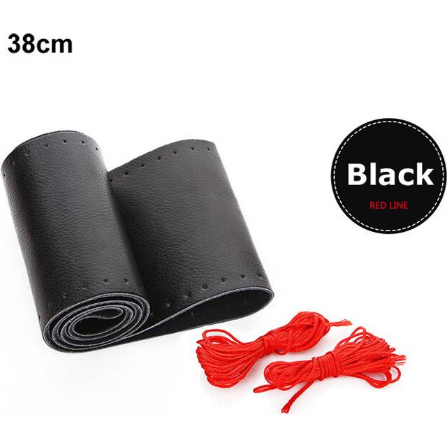 (Black red 38cm) Car Steering Wheel Cover DIY Genuine Leather Cowhide Braid With Needles