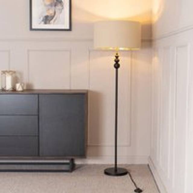 Marissa Beige and Gold Shade with Black Stacked Ball Floor Lamp with LED Bulb - One Size