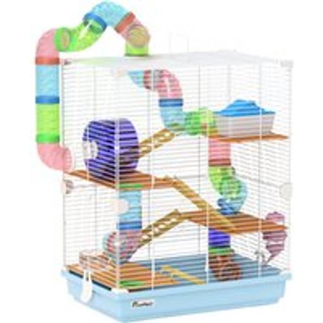 Pawhut 5 Tier Hamster Cage Carrier Habitat W/ Exercise Wheels, Light Blue, Blue