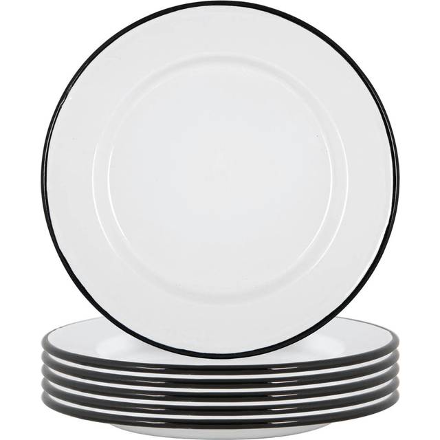 25.5cm White Enamel Dinner Plates - Pack of Six - Black