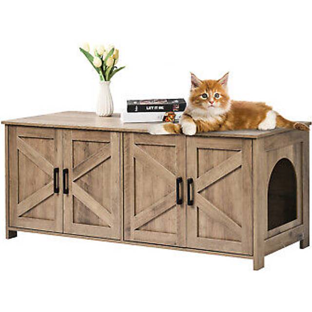 VEVOR Cat Litter Box Enclosure Wooden Litter Box Furniture Hidden 2 Rooms Greige