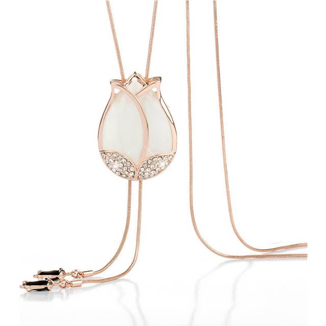 (Rose Gold Cat Eye) Gorgeous Floral Tulip Necklace With Cat Eye Stone And Snake Chain Perfect For Autumn Fashion