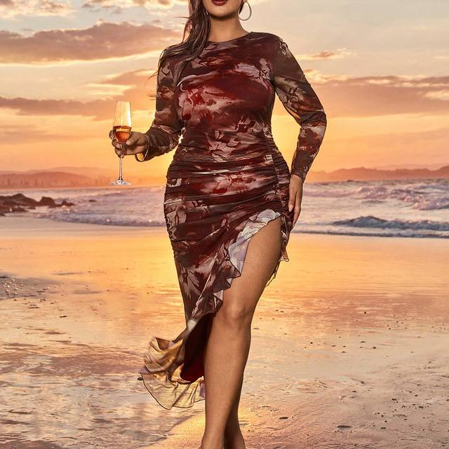 SHEIN Plus Size Elegant Party Asymmetrical Hem Mesh Knit Vintage Floral Print Long Sleeve Dress, Formal Gown