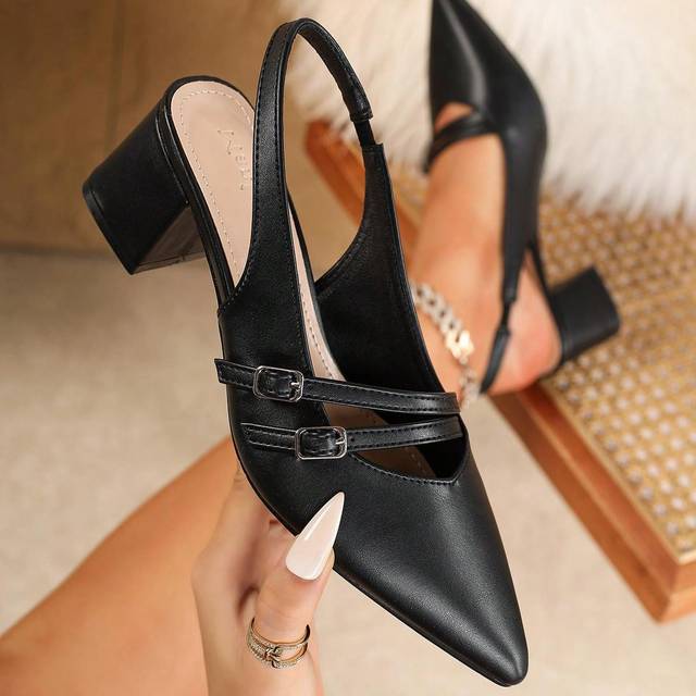 SHEIN Women Black Pointed Toe Buckle Strap Chunky Heel Elegant Formal High Heels Shoes, Peep Toe Back Slingback High Heel Pumps