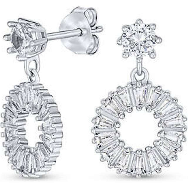 Classic Bridal Sterling Silver Open Circle Drop Stud Earrings with Cubic Zirconia Baguette CZ Geometric Jewelry for  Elegant .925 - Women