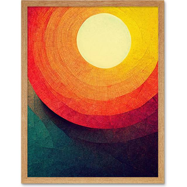 Wall Art Print Abstract Sunrise Sunset Sunshine Retro Style Yellow Orange Cream Teal Art Framed - Tan - W12 inch x H16 inch