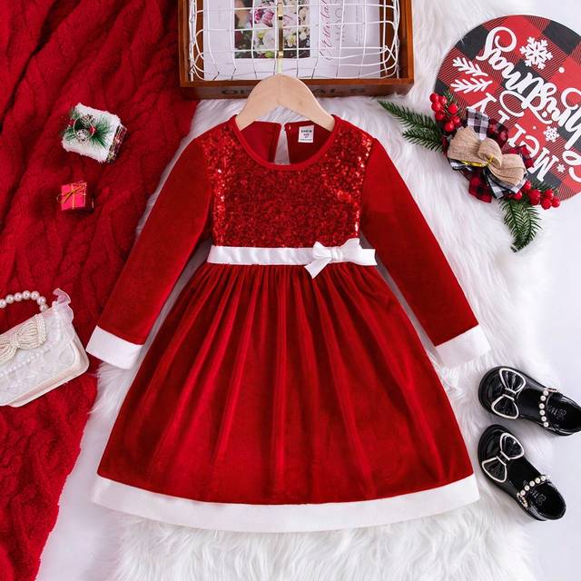 SHEIN 1pc Young Girls Christmas Sequin Butterfly Velvet Flare Dress With Fluffy Decor, For Holiday Party, Autumn/Winter