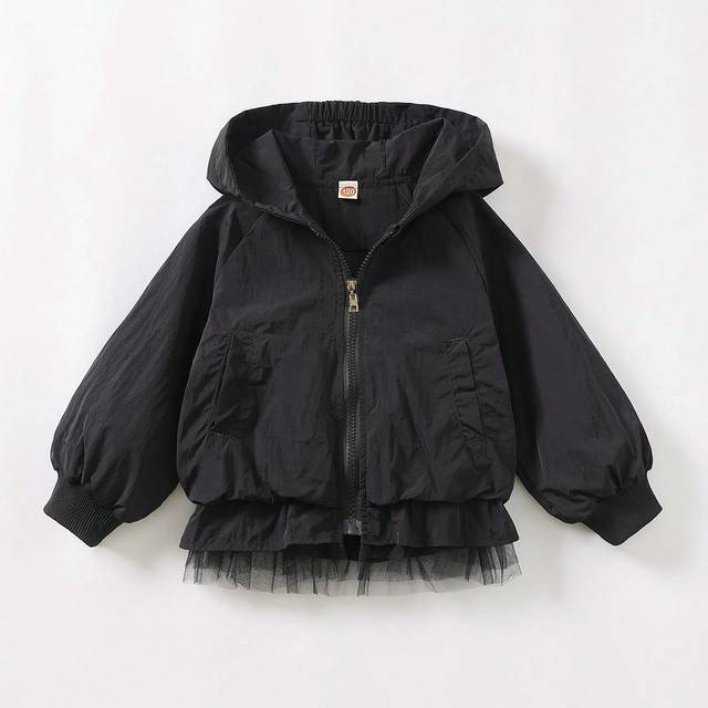 SHEIN Girls&#39; Cute Floral Puff Hooded Jacket, Casual Lightweight Windbreaker Coat With Raglan Sleeves, Mesh Patchwork, Spring/Summer/Autumn