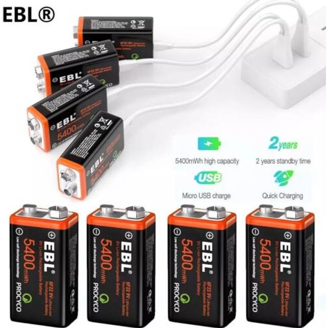 4 pack 9v battery usb rechargeable lithium 6f22 pp3 block 9volt li-ion & cable