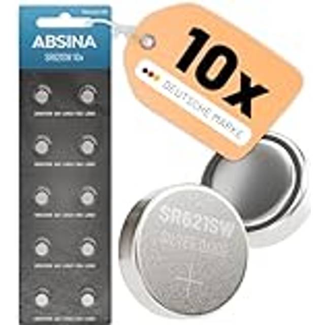 ABSINA SR621SW klockbatteri 1,55 V silveroxid 10-pack – knappcell SR621SW läckagesäker och lång hållbarhet – batteri SR621SW/LR621/SR621/364/V364/R60/AG1 – SR 621 SW klockknappcell