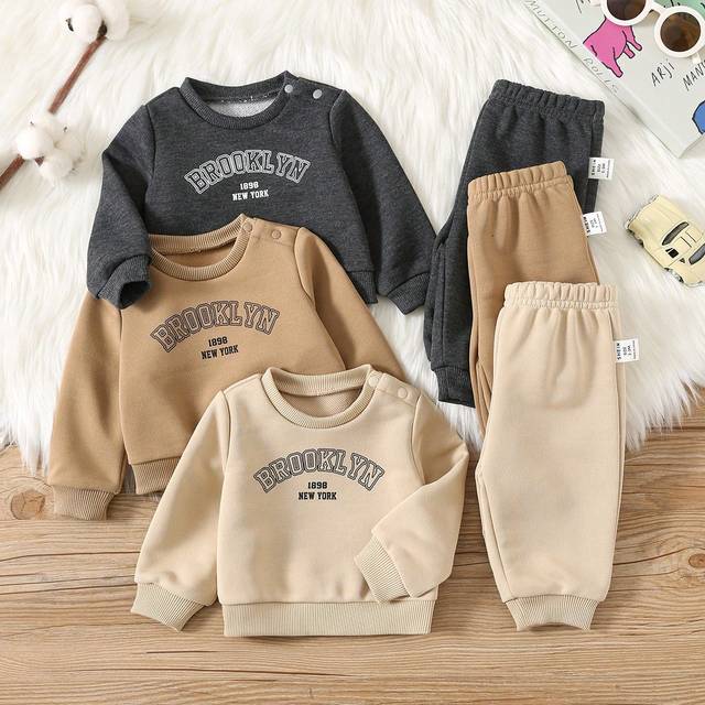 SHEIN 6pcs/Set Newborn Baby Boy/Girl Fall Winter Casual Letter Print Long Sleeve Sweatshirt & Elastic Waist Pants Outfit Set