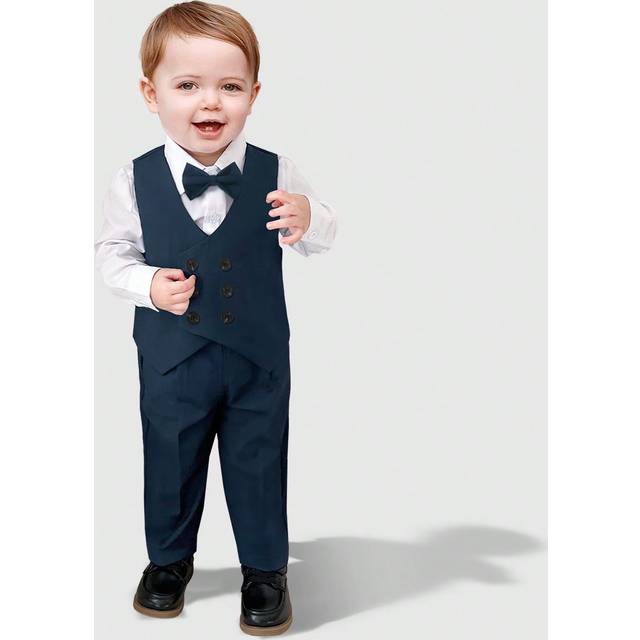 SHEIN 2024 New Formal Suit For Baby Boys, 4 Pieces Set Including White Collared Shirt, Solid Vest, Bow Tie, And Pants, Formal Occasion Outfit