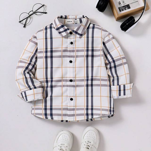 SHEIN 1pc Young Boys Casual Plaid Collared Long Sleeve Shirt, Comfy, Fashionable, Versatile Button Down Blouse, Preppy Tops, Back To School Outfits, Young B