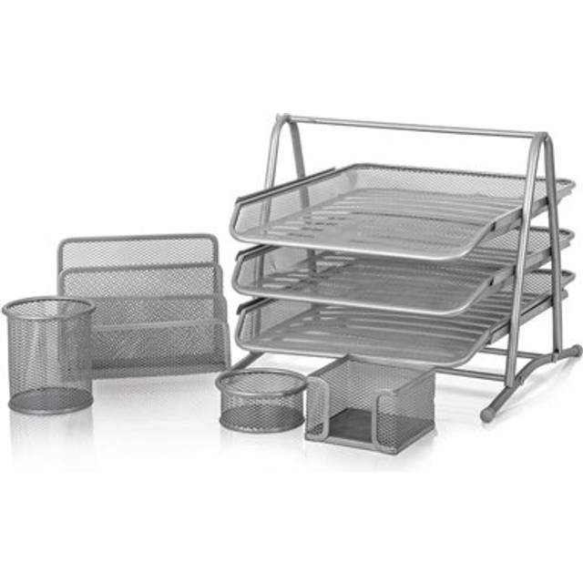 Premium Mesh Office Set of 5 PCS - 2/3 Tier Letter/Filing/Paper Tray, Letter Rack, Pen Pot, Clips & Memo Pad Holder (Silver, 3 Tier 5 pcs Set)