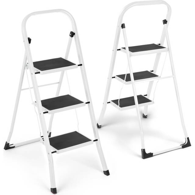 (White & Black) 3 Step Ladder Portable Compact Folding Metal Non Slip Stool Heavy Duty Steel