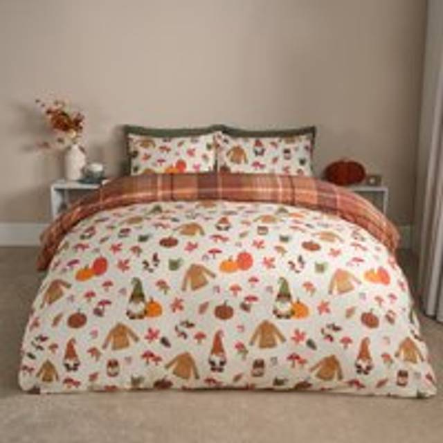 OHS Autumnal Novelty Checked Reversible Duvet Cover Set, Cream/Rust - Double - Multi