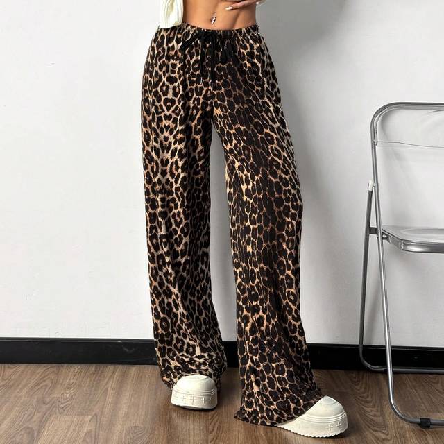SHEIN Autumn New Leopard Print Drawstring Waist Casual Women&#39;s Long Pants