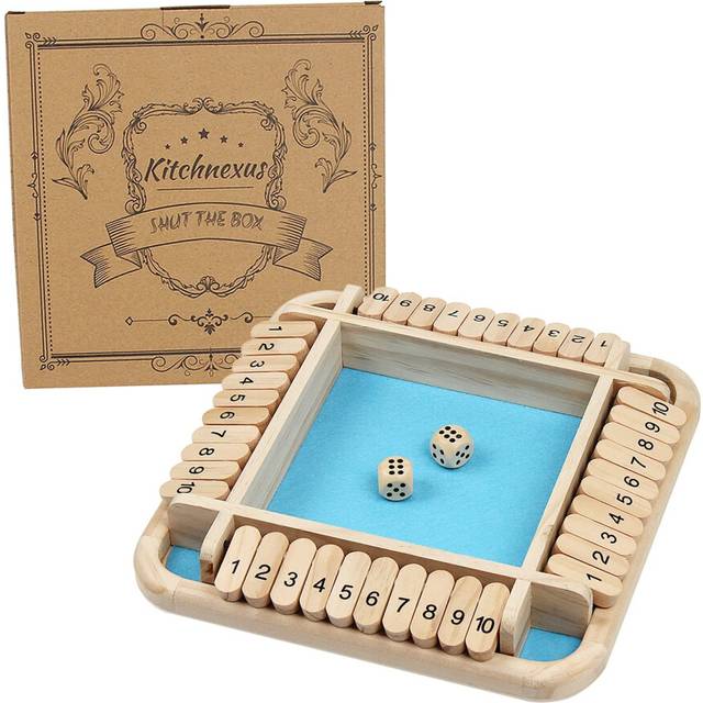 Classic Shut The Box Four Sided Flop Game with Dice, Wooden Board Game Board Travel Game for 2-4 Player (blue)