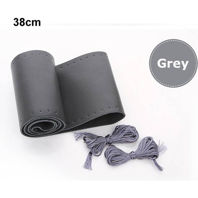 (Grey grey 38cm) Car Steering Wheel Cover DIY Genuine Leather Cowhide Braid With Needles