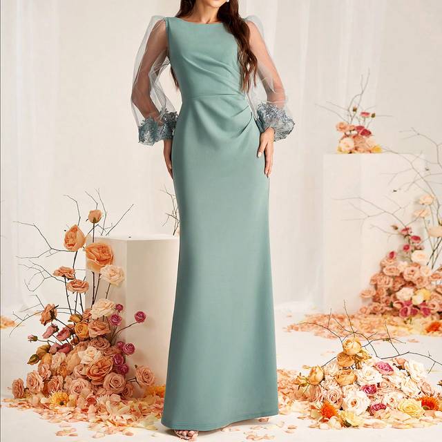 SHEIN Elegant And Romantic Mint Green Mesh Sheer Sleeves Applique Waist Pleated Floor Length Bridesmaid Dress, Long Sleeve Dress