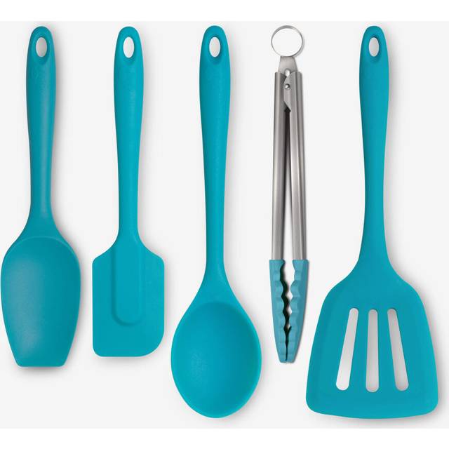(Aqua) Zeal Silicone Kitchen Tongs, Slotted Turner, Spoon, Spatula Spoon & Spatula Kitchen Utensil Set