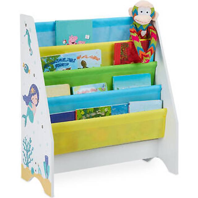Children's Bookshelf, Storage Unit for Books, Mermaid Motif, Four Shelves Stable, 72 x 62 x 29 cm, Colourful - Relaxdays