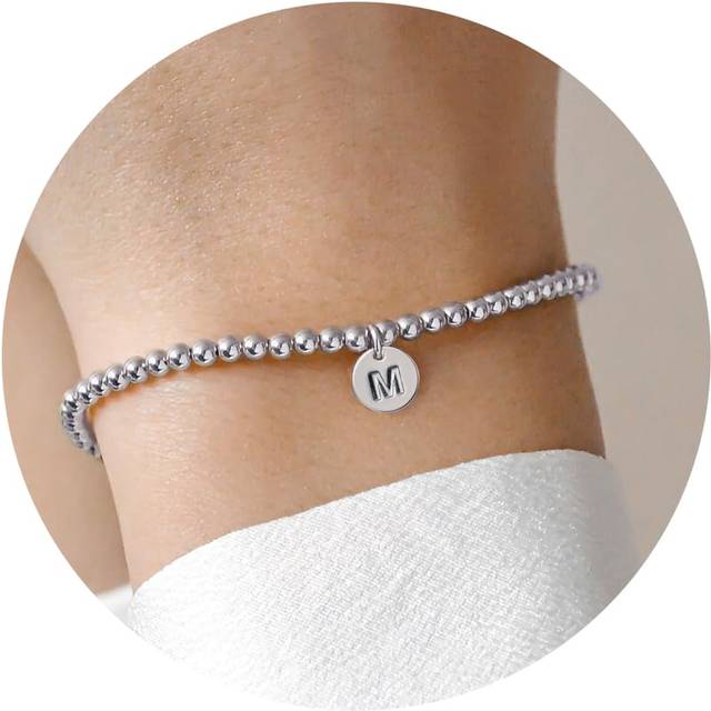 Turandoss Silver Bracelet for Women - Dainty 925 Sterling Silver Charm Initial M Beaded Bracelet for Women Trendy  Disc Letter Bracelet  Womens Person