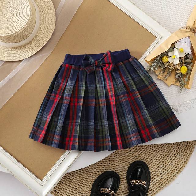 SHEIN Christmas Young Girls Classic Plaid Pleated Skirt With Bowknot, Red & Blue Tartan Casual School Daily Wear Skirt For Christmas & Daily Occasions