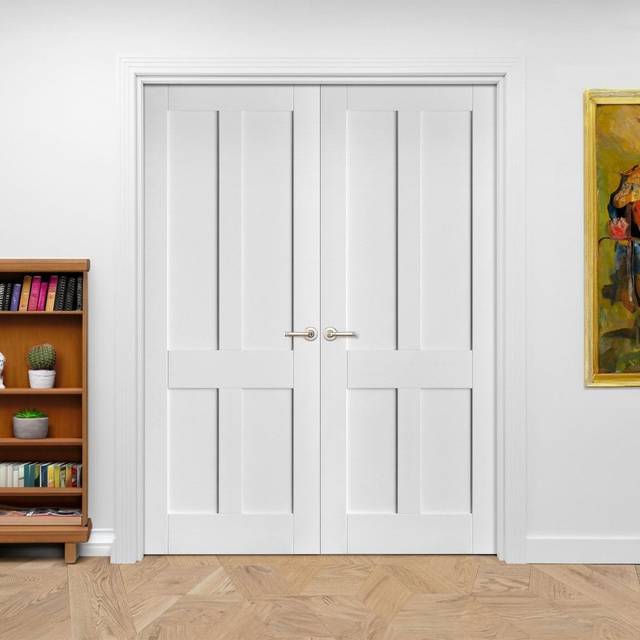 Liberty Doors Internal White Primed Victorian Shaker 4 Panel Pair Door - 1981x1676x35mm (78&apos;&apos;x66&apos;&apos;) (26BB-000576) Size (Height x W