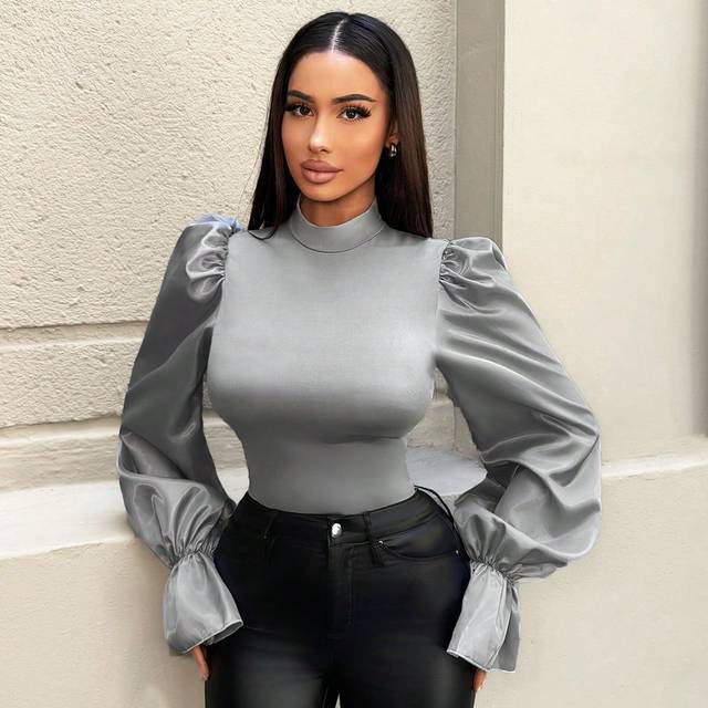 Zolique Women&#39;s Solid Color Stand Collar Long Sleeve Elegant Blouse, Spring & Summer