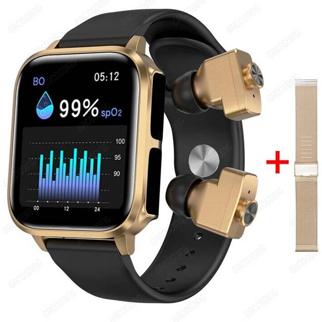 (Golden mesh belt) SACOSDING Headset Smart Watch TWS Two In One Wireless Bluetooth Dual Headset