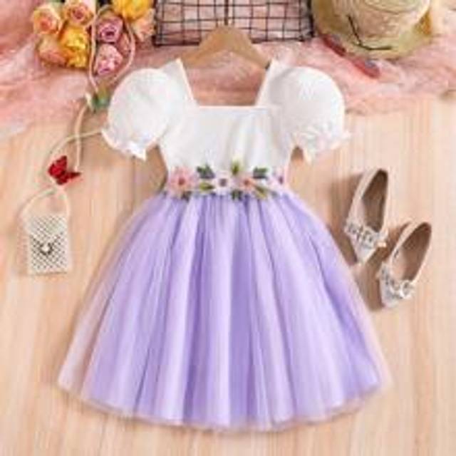 SHEIN Young Girl White Princess Dress With Flower Waist Belt, Short Sleeve Wedding Flower Girl Dress, Formal Occasion Vacation Dress
