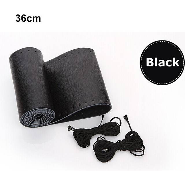 (Black black 36cm) Car Steering Wheel Cover DIY Genuine Leather Cowhide Braid With Needles